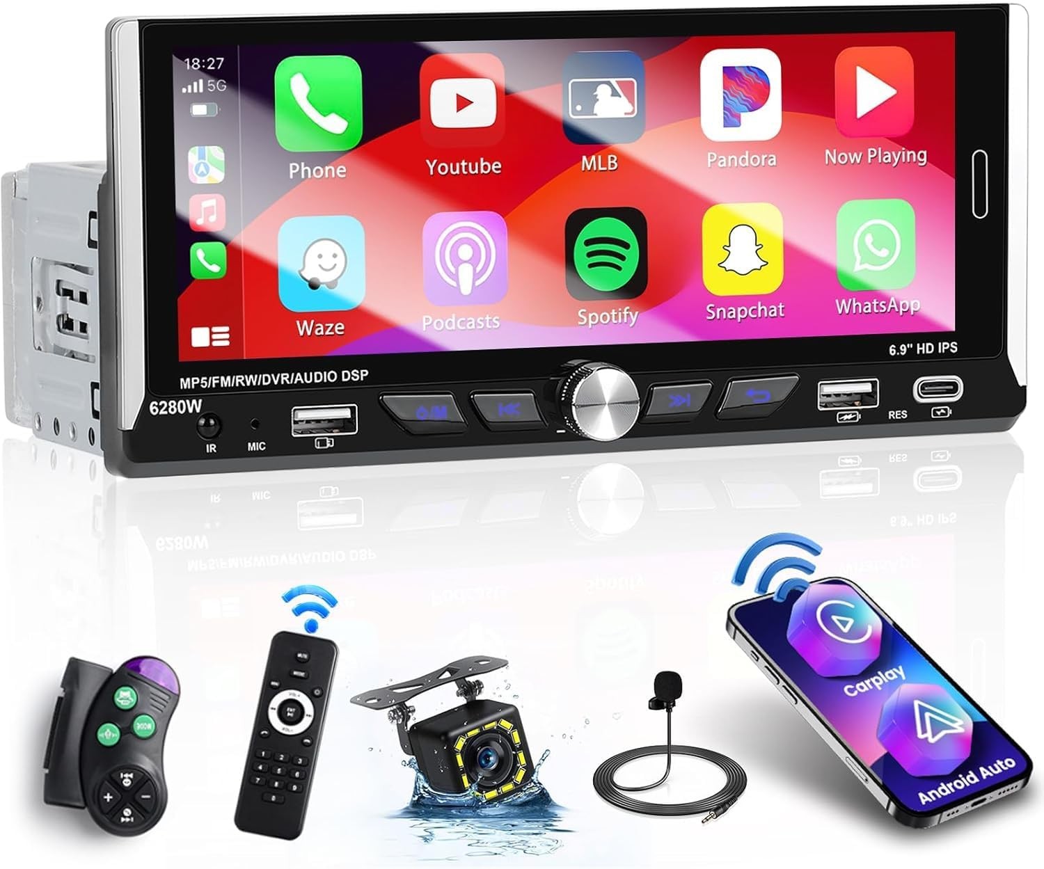 Hikity 6.9 Inch Car Stereo Single Din Wireless Carplay Android Auto, Black