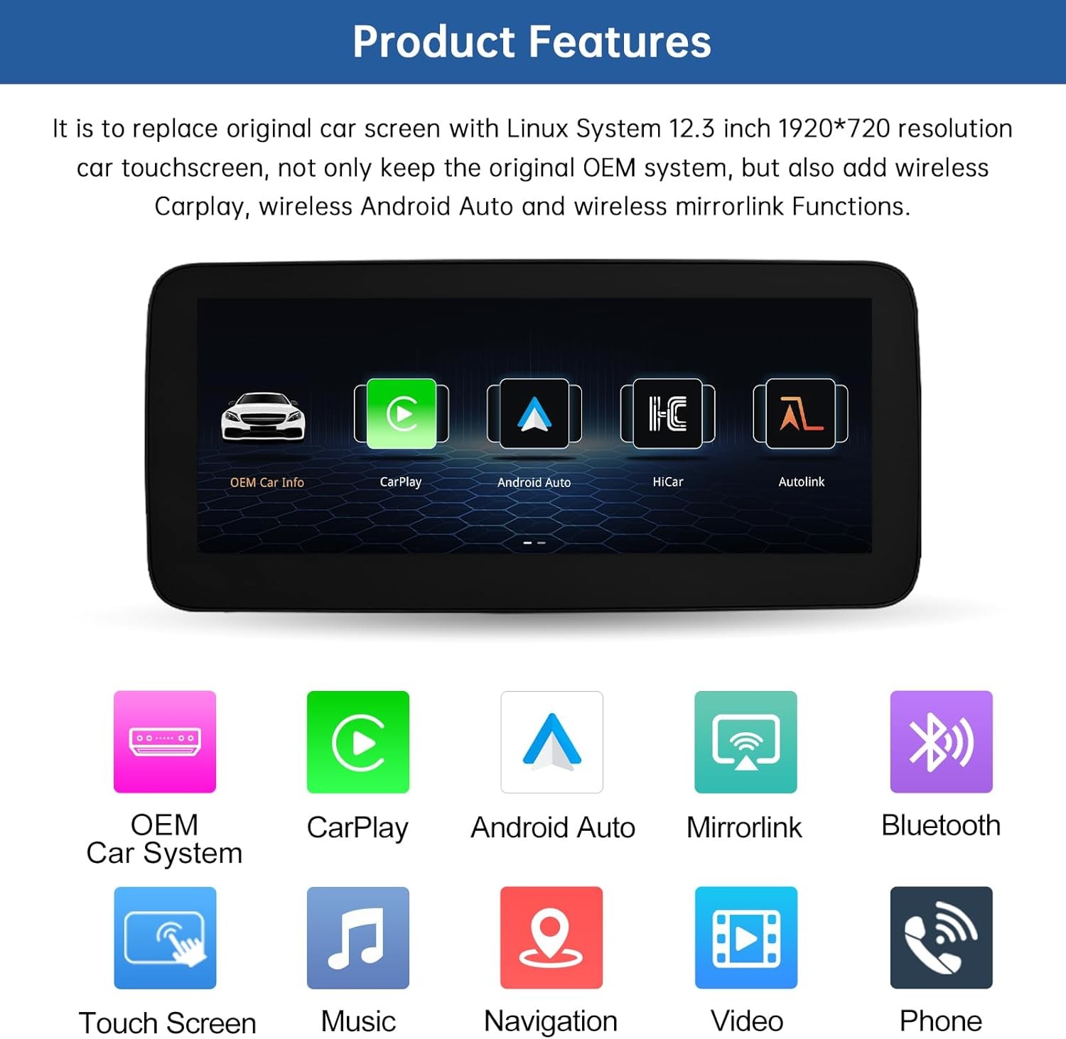 Road Top 12.3″ Ultra-Narrow Touchscreen Wireless CarPlay Android Auto for…
