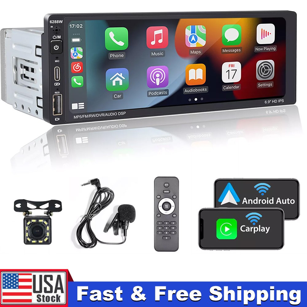 Single Din Car Stereo Wireless Apple CarPlay 6.9 touchscreen Bluetooth Radio USB