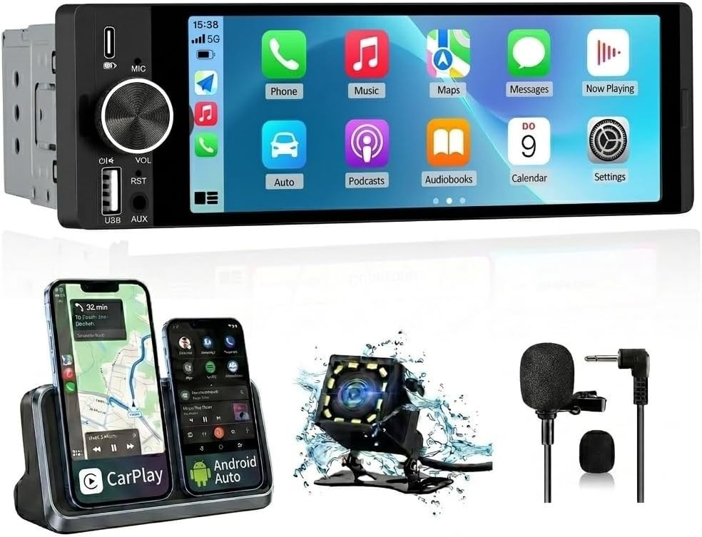 Single Din Car Stereo, 6.36 Inch CarPlay & Android Auto HD IPS Touchscreen Ra…