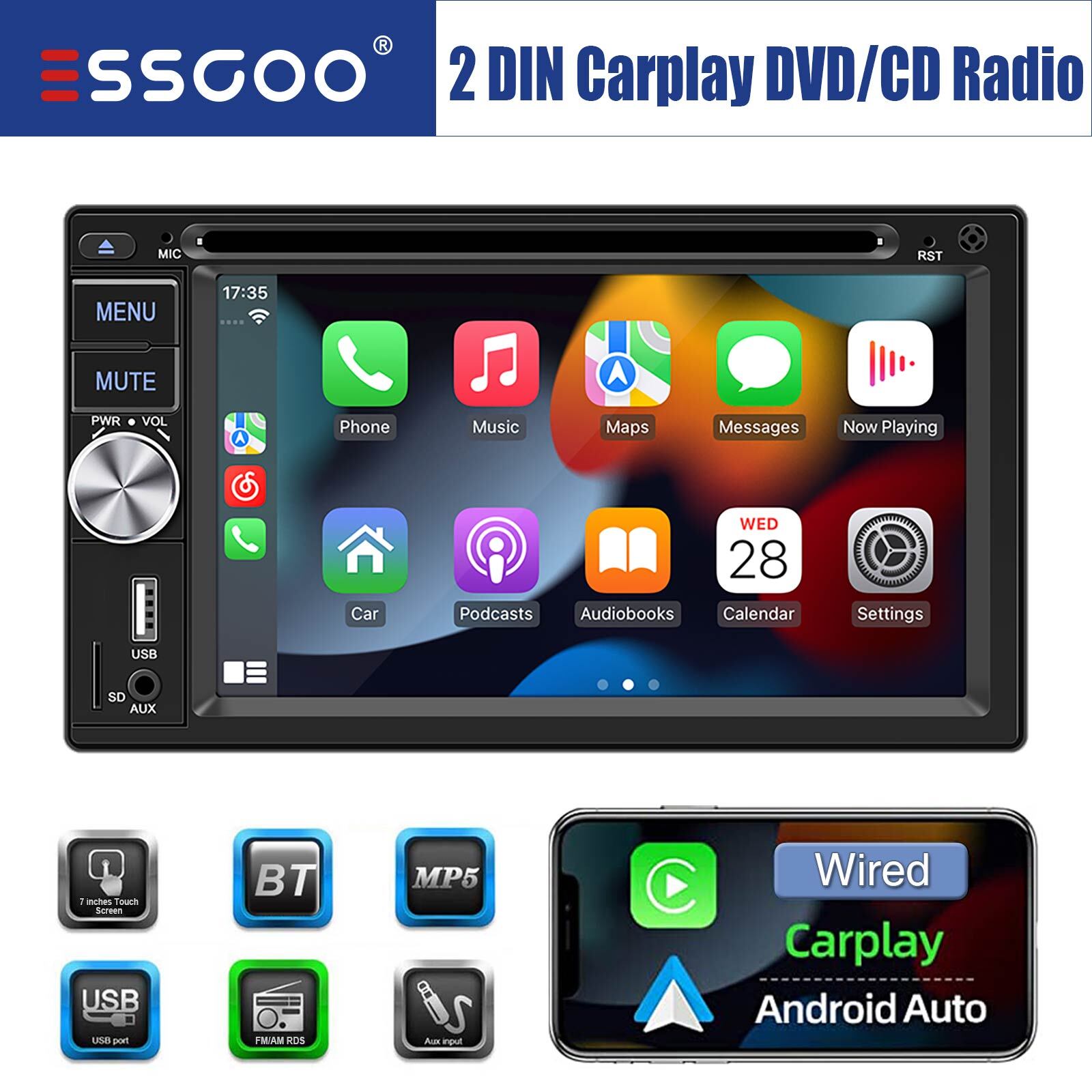 6.2″ 2 DIN Carplay Android Auto Stereo Radio CD DVD Player Bluetooth FM AM RDS