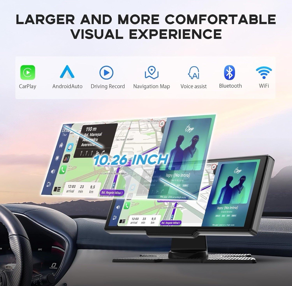 Wireless Portable Carplay TouchScreen Tablet for Car 10.26″ HD 4K Dash cam
