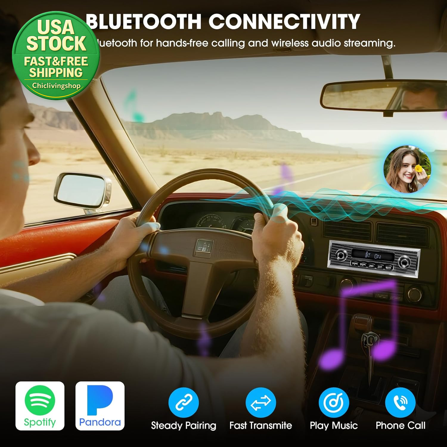 Bluetooth Retro Radio Single Din Vintage Stereo AM FM USB AUX Subwoofer RCA