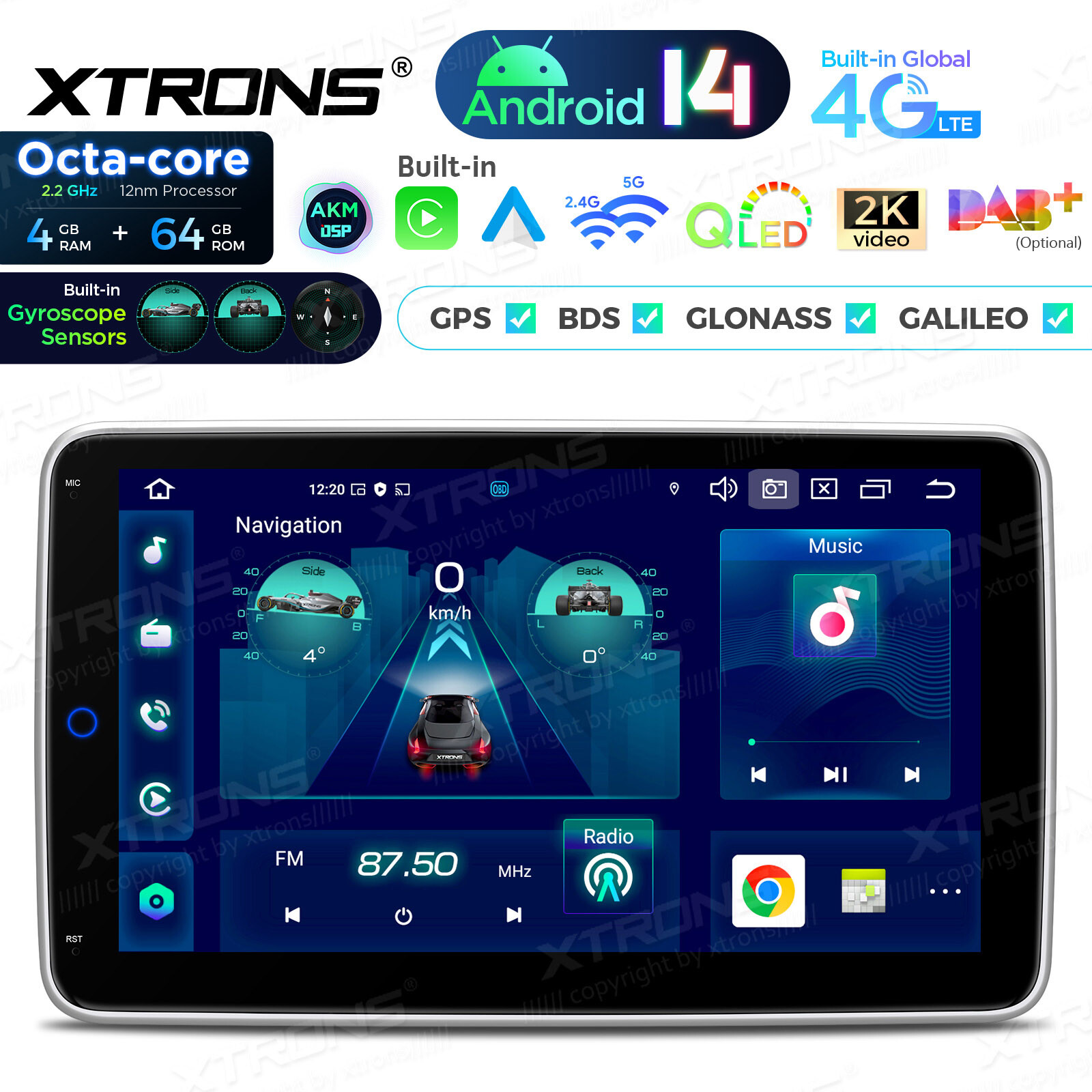 10.1″ Rotatable Screen 1-DIN 8Core Android 13 64GB Car Play Stereo GPS Radio DSP