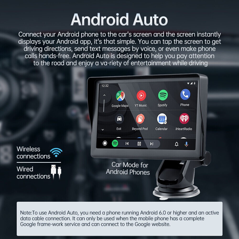 Portable wireless radio car stereo Apple CarPlay Android 7 “touch screen-