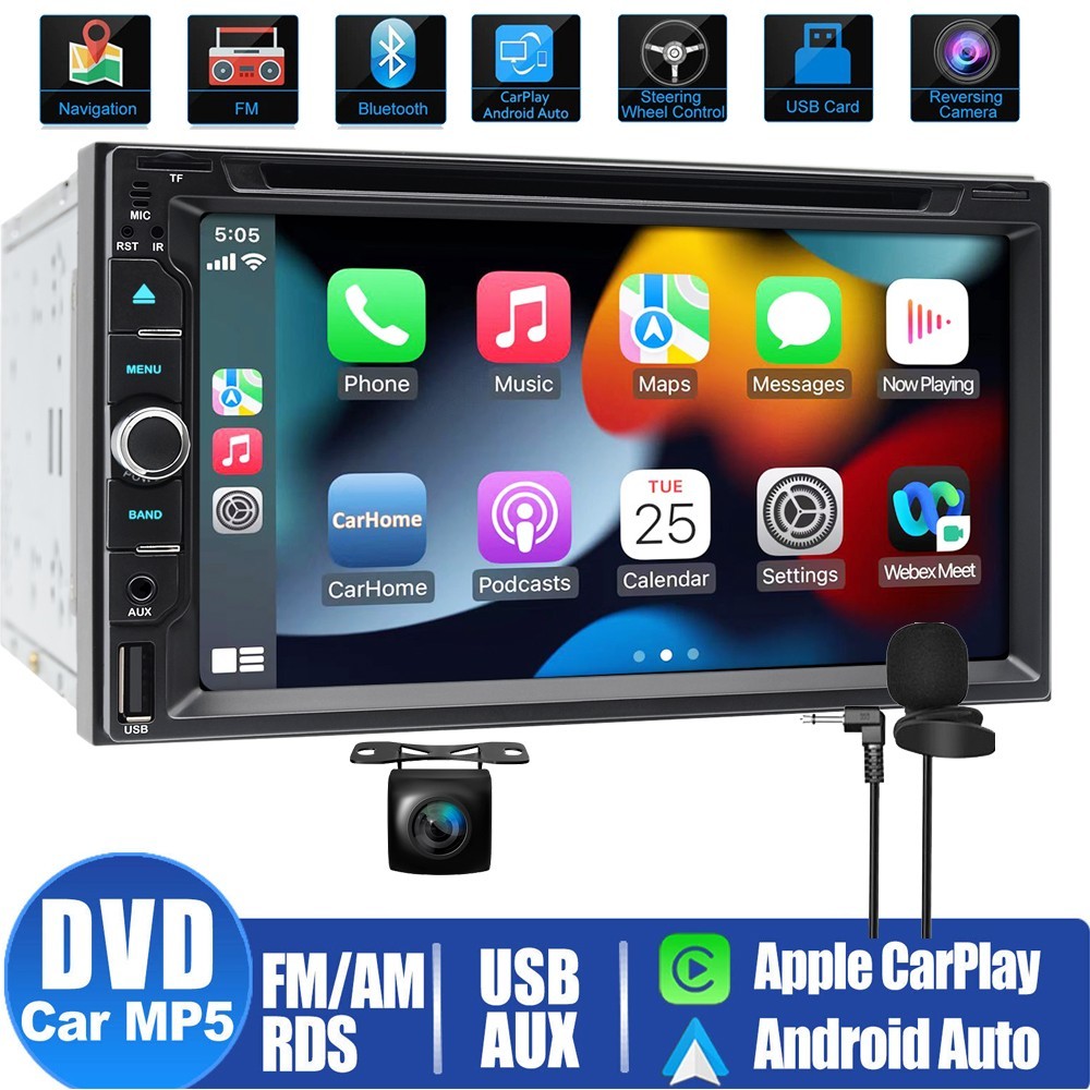 Car Radio Stereo CD DVD Player Carplay Android Auto Bluetooth USB Double DIN 7″