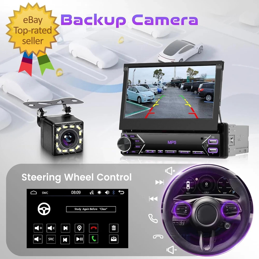 Single Din Flip Out Car Stereo Bluetooth 7 Inch Retractable Touch Screen Car Rad