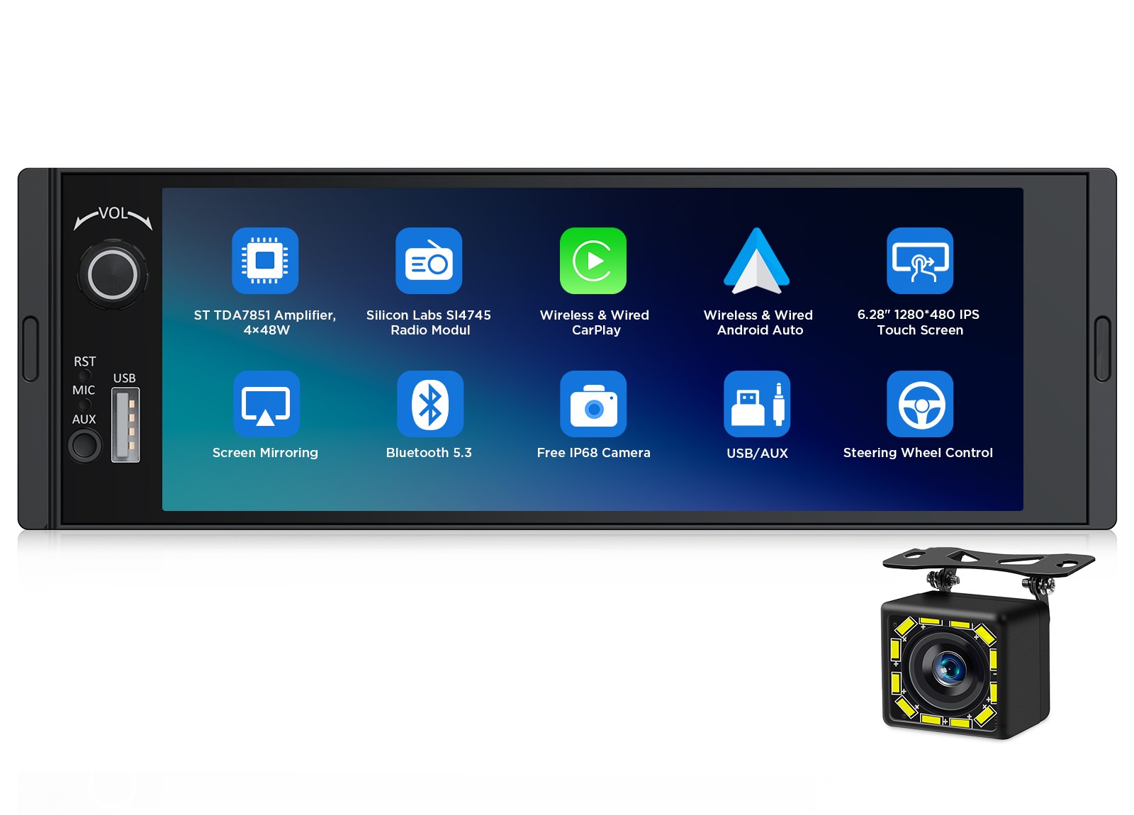 Single 1DIN Android Auto 6.28″ IPS Car Stereo Wireless CarPlay GPS Bluetooth 5.3