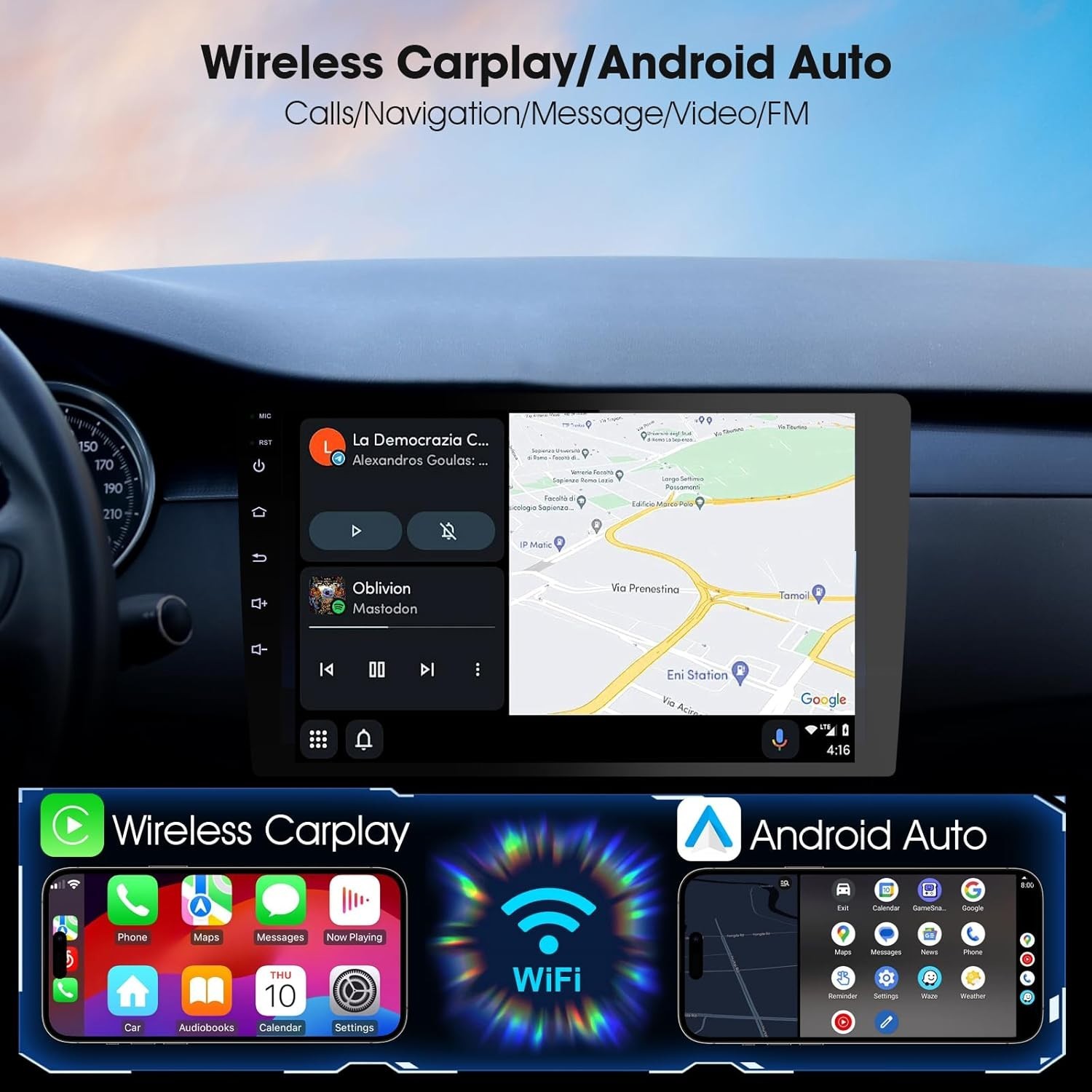 All-in-One 9” Carplay Screen with Wireless Android Auto & Backup Safety Camera