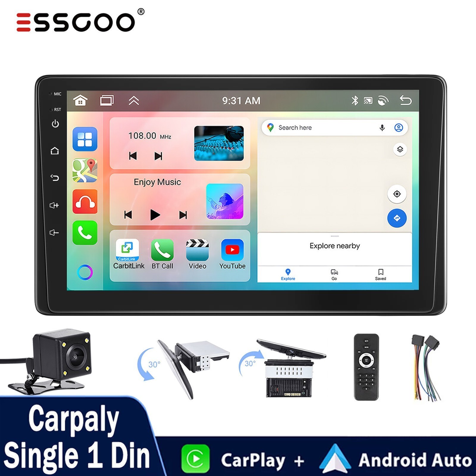 Single 1 DIN 9″ Apple CarPlay Android Auto Touch Screen USB TF AUX MP5 Radio+CAM