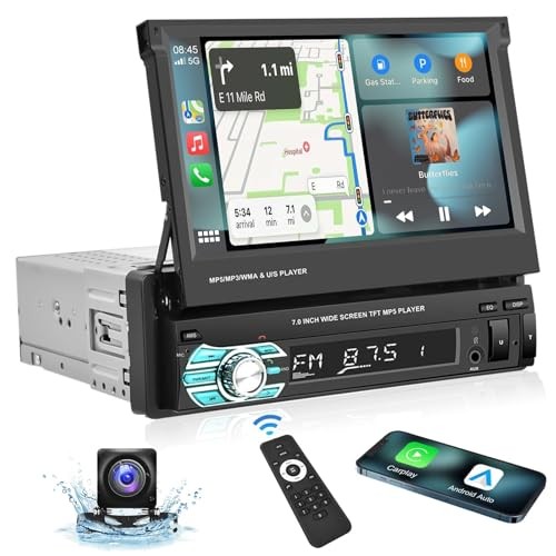Single Din Carplay Car Stereo with Bluetooth AHD Backup Camera, 7 Inch flip
