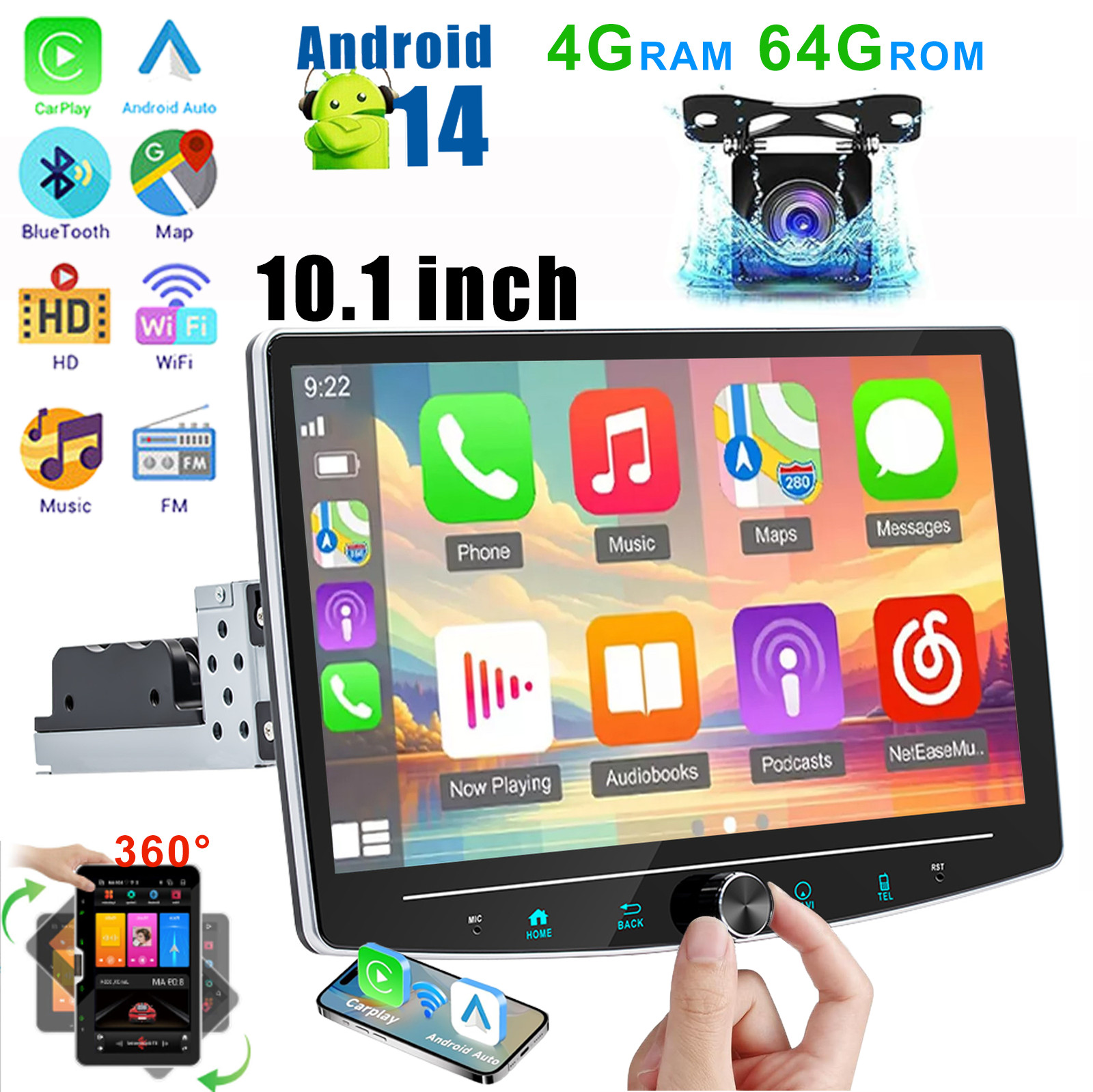 360° Rotatable Car Stereo Apple Carplay Android 14 10″ Touch Screen Radio Camera