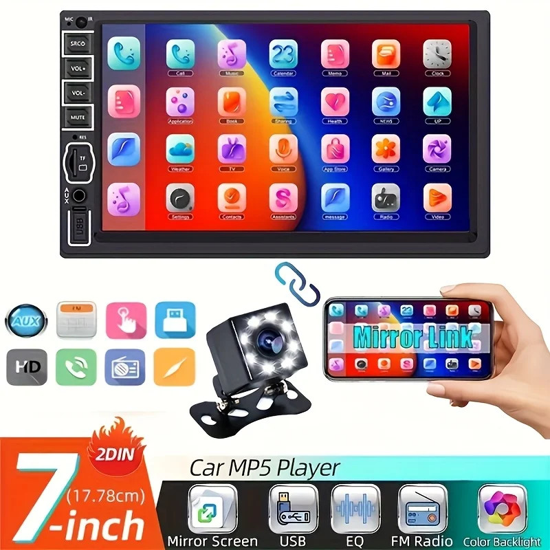7″ Double 2 DIN Car MP5 Player Bluetooth Touch Screen FM Stereo Radio + Camera’