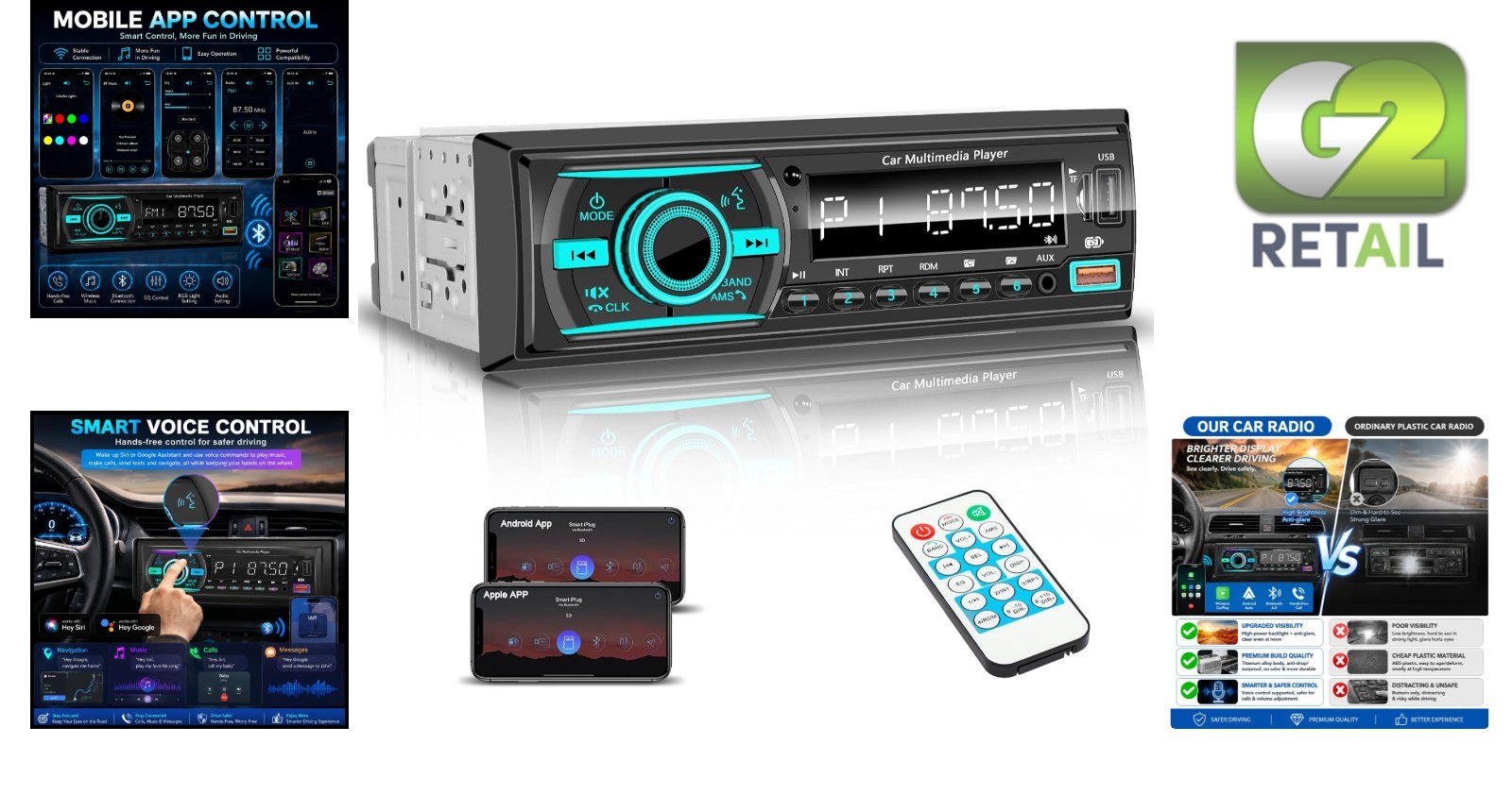 Multi-Input Car Stereo: Bluetooth, AUX, Dual USB & 7 Color LED Lighting