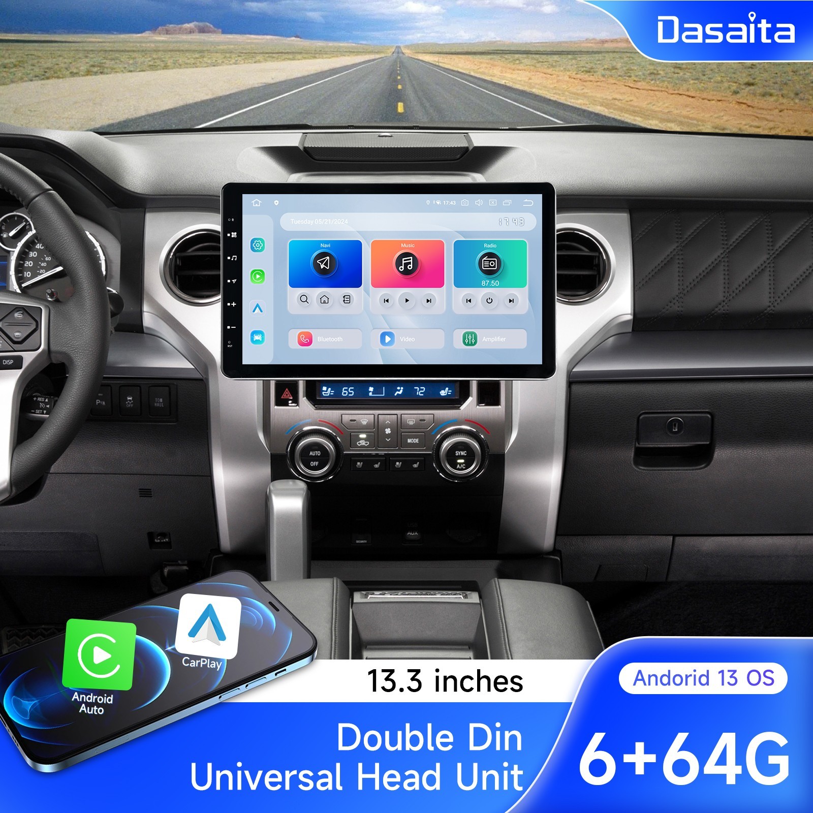 Dasaita 13.3″ Universal Stereo Double Din Radio WiFi CarPlay Android Auto GPS