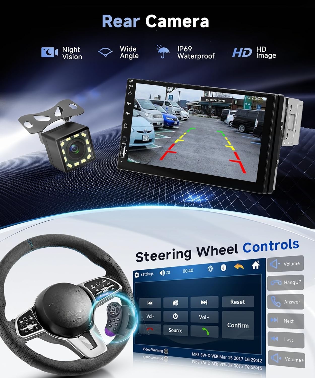 Compact 7 Inch Bluetooth Car Radio – FM, USB, AUX & Steering Wheel Control