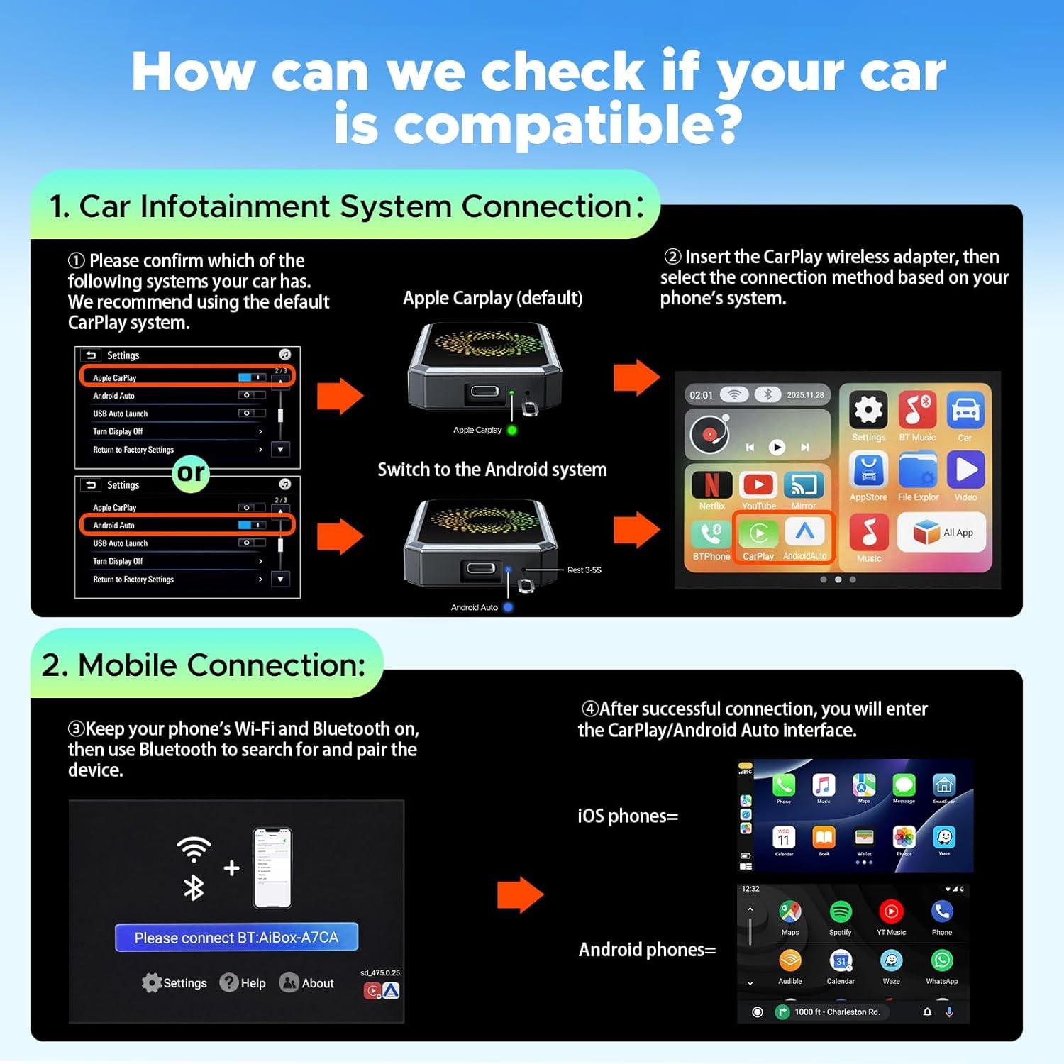 Wireless AI box CarPlay Android Auto WIFI Adapter Converter w/ Netflix YouTube