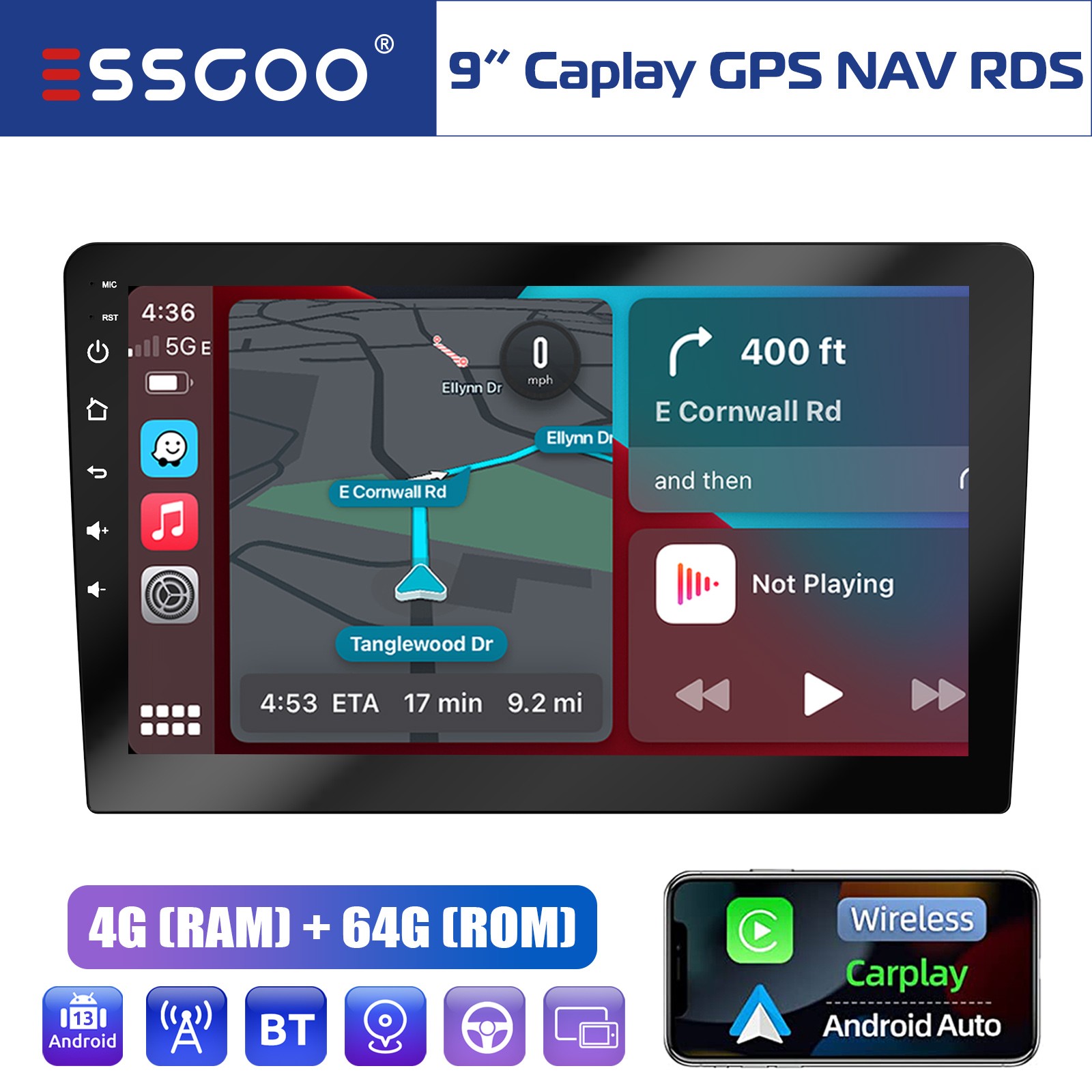 9″ 2 DIN Android 13 Carplay Car Stereo GPS Navigation Wifi Radio 4+64G Bluetooth