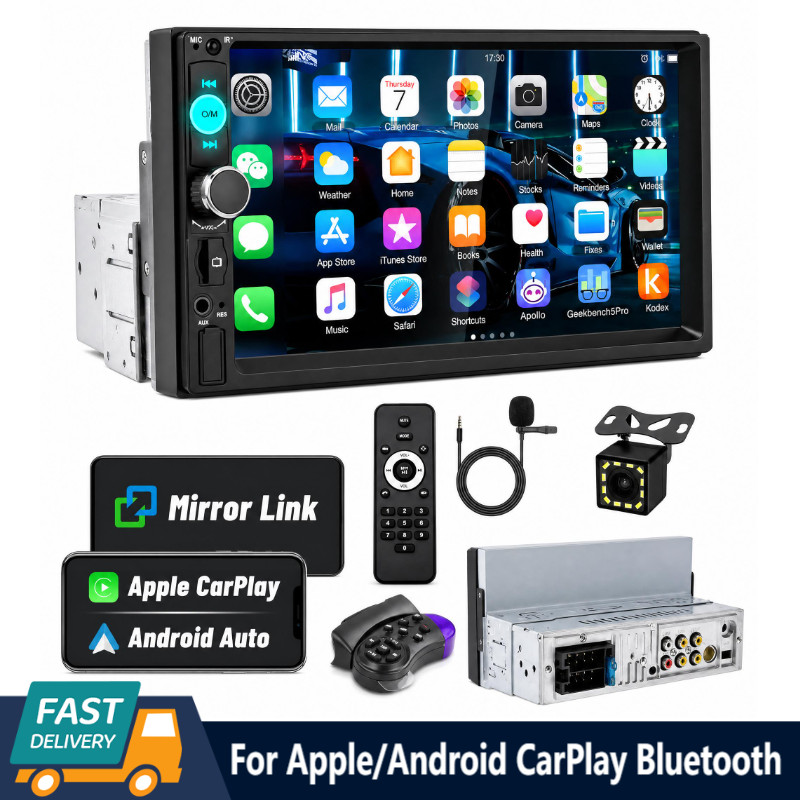 For Apple CarPlay Android Auto 7″ 1Din Touch Screen Car Stereo Radio Bluetooth