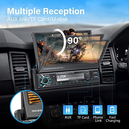 Single Din Car Stereo Screen with Wireless Carplay & Android Auto, 7′ Flip Out