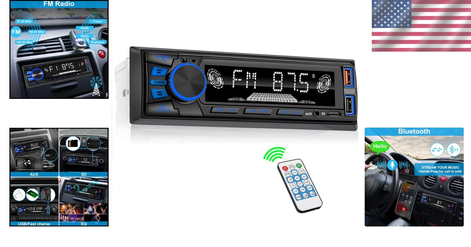 Compact Single DIN Bluetooth Car Audio with Quick Charge & Equalizer – 50W Power