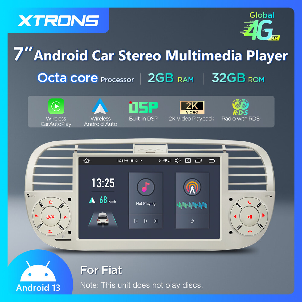 7″ Android 13 8Core Car Play GPS Sat Nav Stereo Radio for Fiat 500 2007-15 Beige