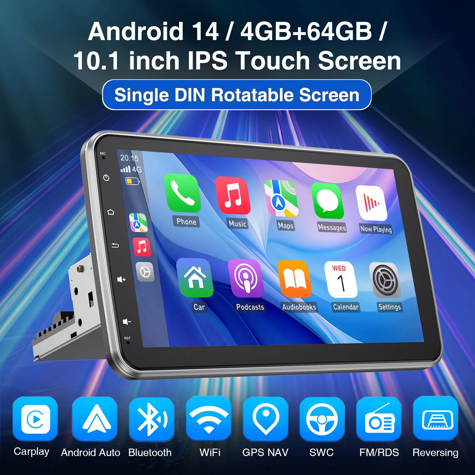 4G+64G 10” Single 1 DIN Carplay Android 14 Car Stereo Radio Rotatable GPS WIFI