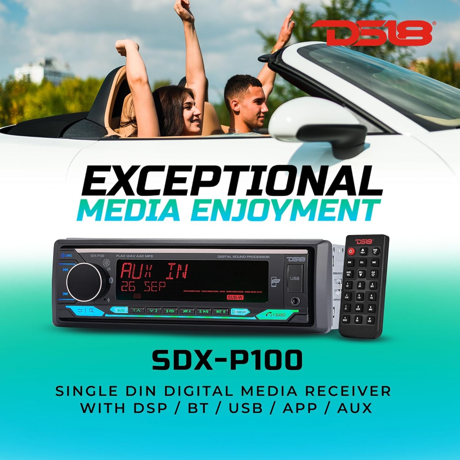 DS18 SDX-P100 SINGLE-DIN AM/FM DIGITAL MEDIA RECEIVER w/DSP, BLUETOOTH, USB, AUX