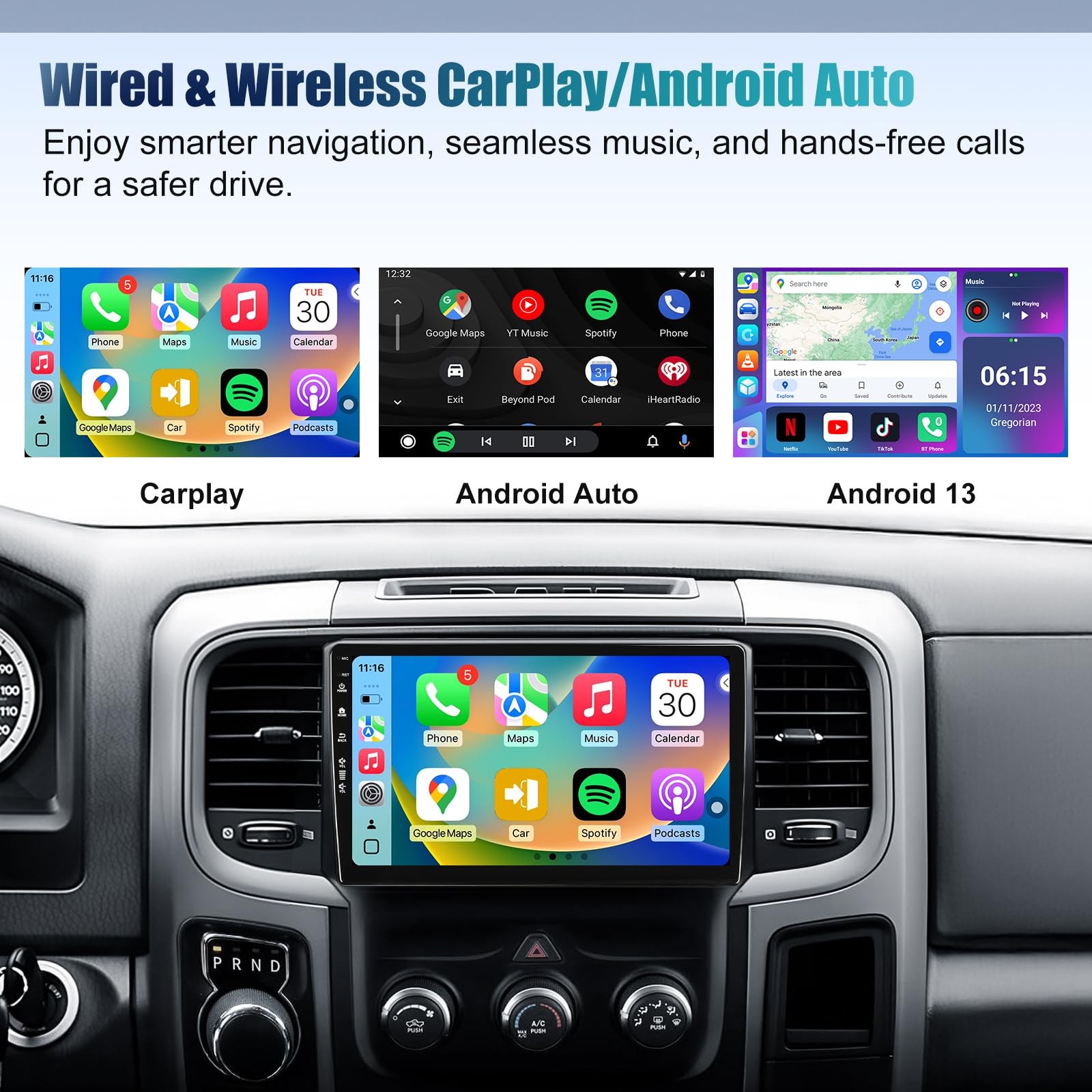 Android 13 Car Stereo for Dodge RAM 1500 2500 3500 2013-2018, 9″ Touchscreen
