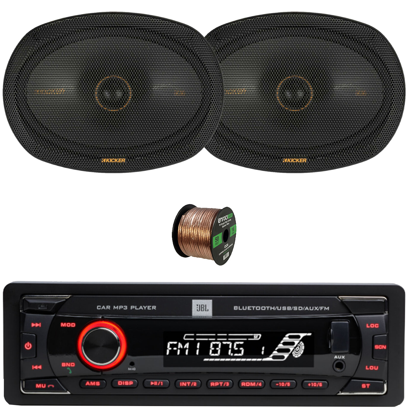JBL 1-DIN Bluetooth FM USB/AUX SD/MP3 Receiver, 2x 6×9″ 300W Thin-Mount Speakers