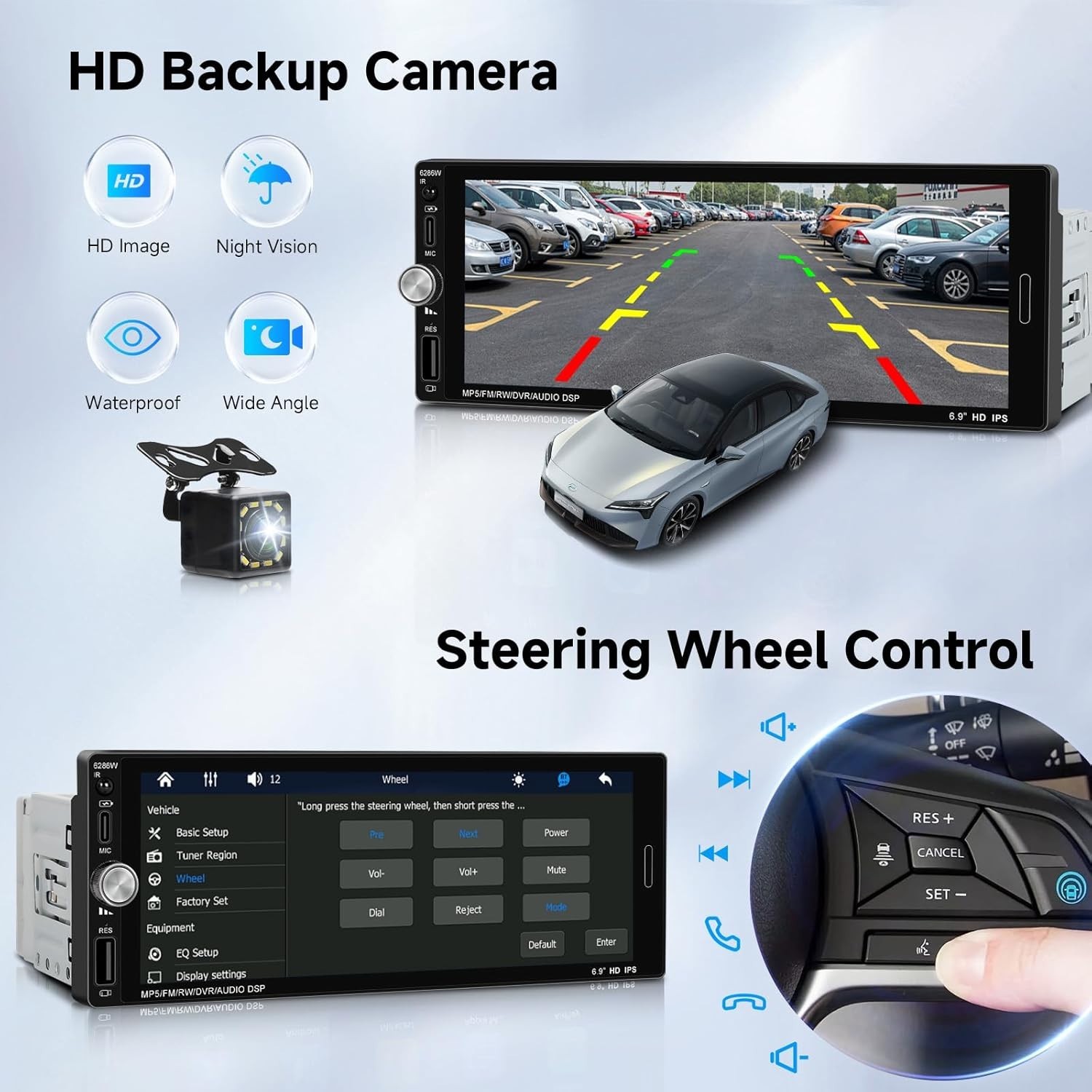 6.9” Single Din Car Stereo with Wireless CarPlay Android Auto, 1280 * 480 HD…
