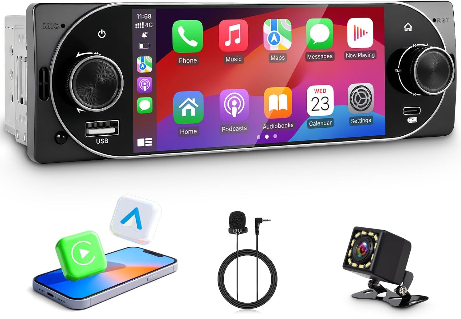 Single Din Car Radio with Apple Carplay, Backup Camera，External Mic,Single Din T