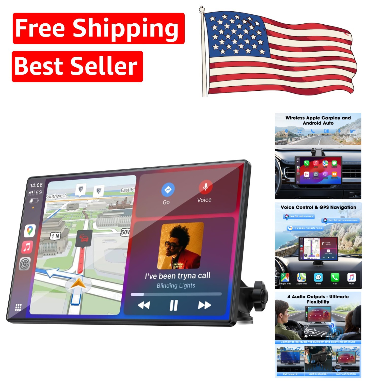 Portable 9-Inch HD Car Display: Wireless CarPlay & Voice-Controlled Navigation