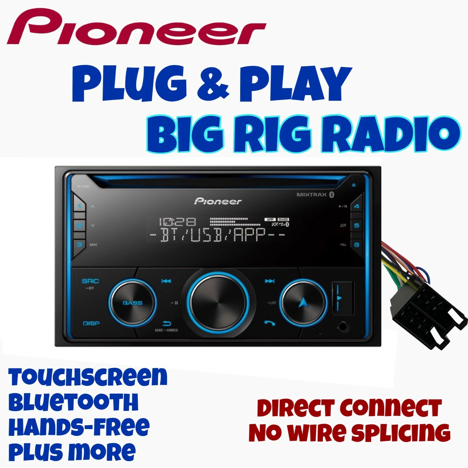 Pioneer Big Rig Double Din Receiver Bluetooth CD + More W/ Plug & Play Harness
