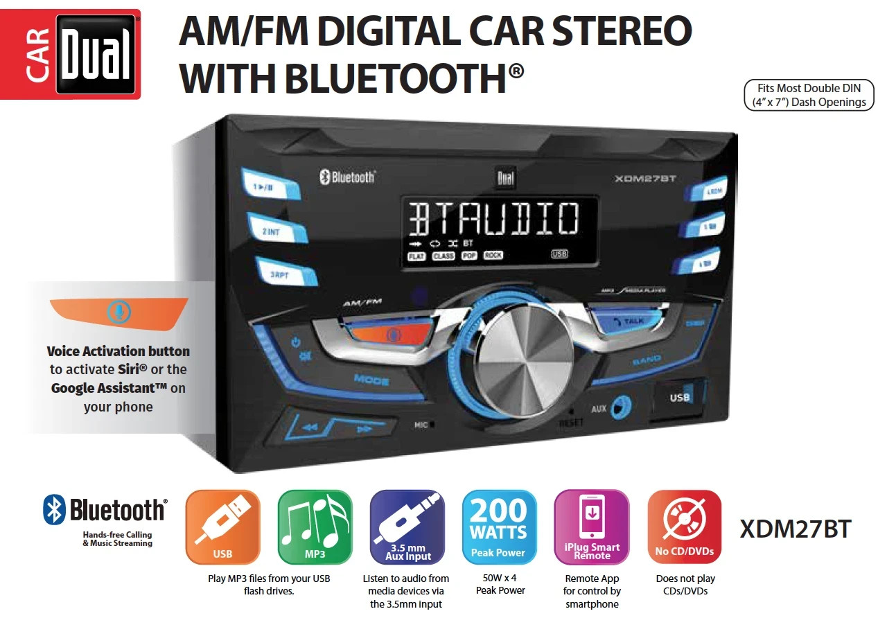 Dual XRM59BT Single DIN Car Stereo Receiver bluetooth voice activation Siri USB
