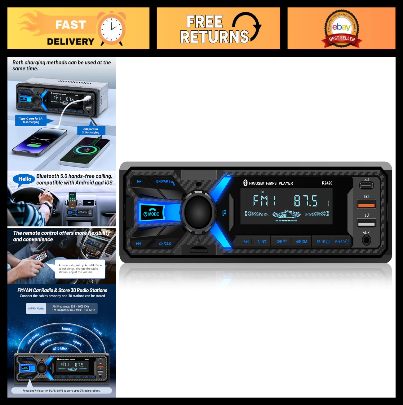 Bluetooth Car Stereo Radio, Single Din FM/AM, USB/AUX/SD, MP3 Player, Hands-Free