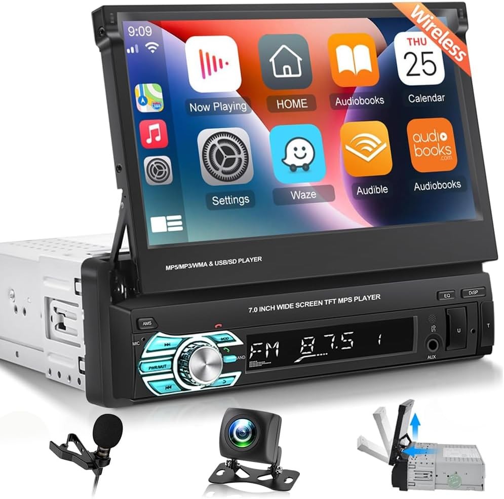 Single 1DIN Car Radio Stereo Touch Screen BT Flip out MP5 Player Carplay +Camera
