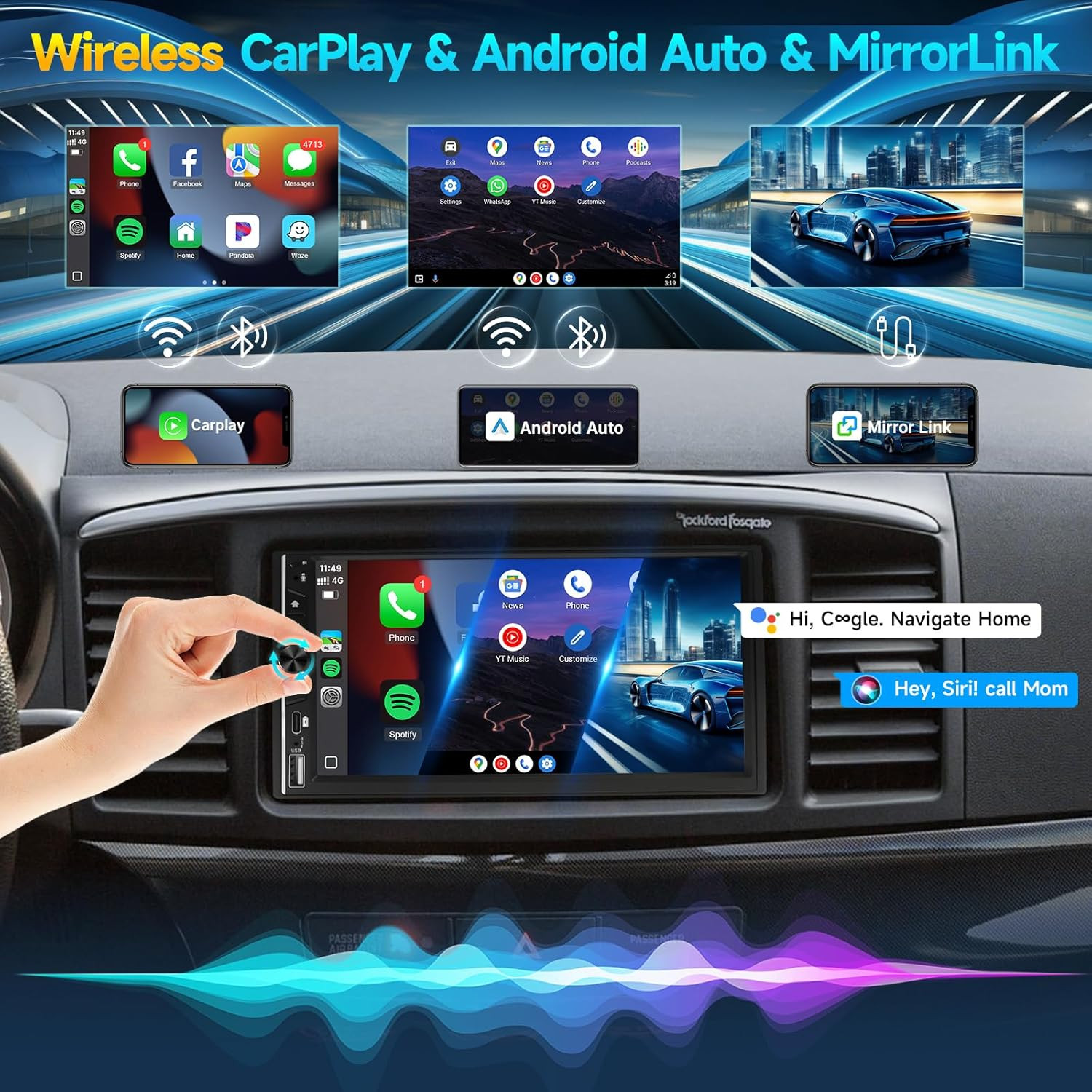 Wireless Double Din Car Stereo with Apple Carplay, 7Inch Touchscreen Double Din