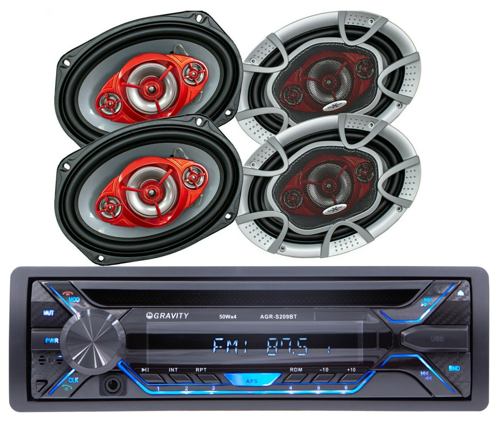 Gravity Car CD Player w/ Bluetooth AM FM SD USB + 4x Soundxtreme 6″x9″ Speakers