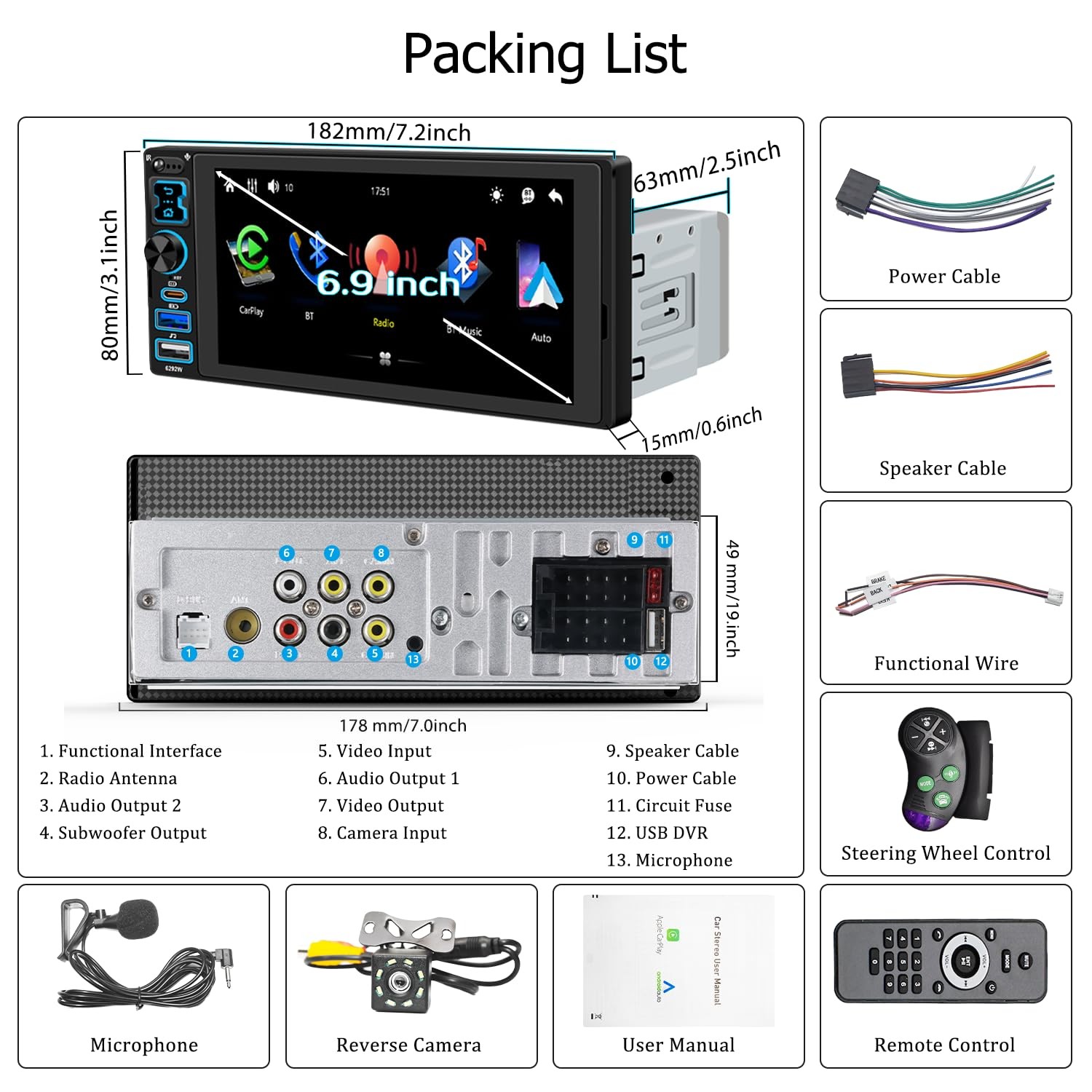 Single Din Car Stereo with Wireless Apple Carplay & Android Auto, 6.9″ IPS To…