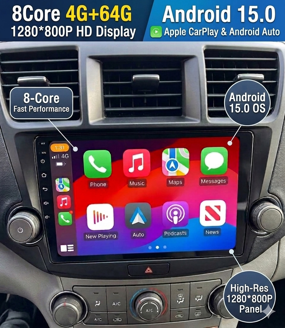 4+64GB Car Radio For Toyota Highlander 2008-2013 Carplay Android 15 GPS Navi CAM