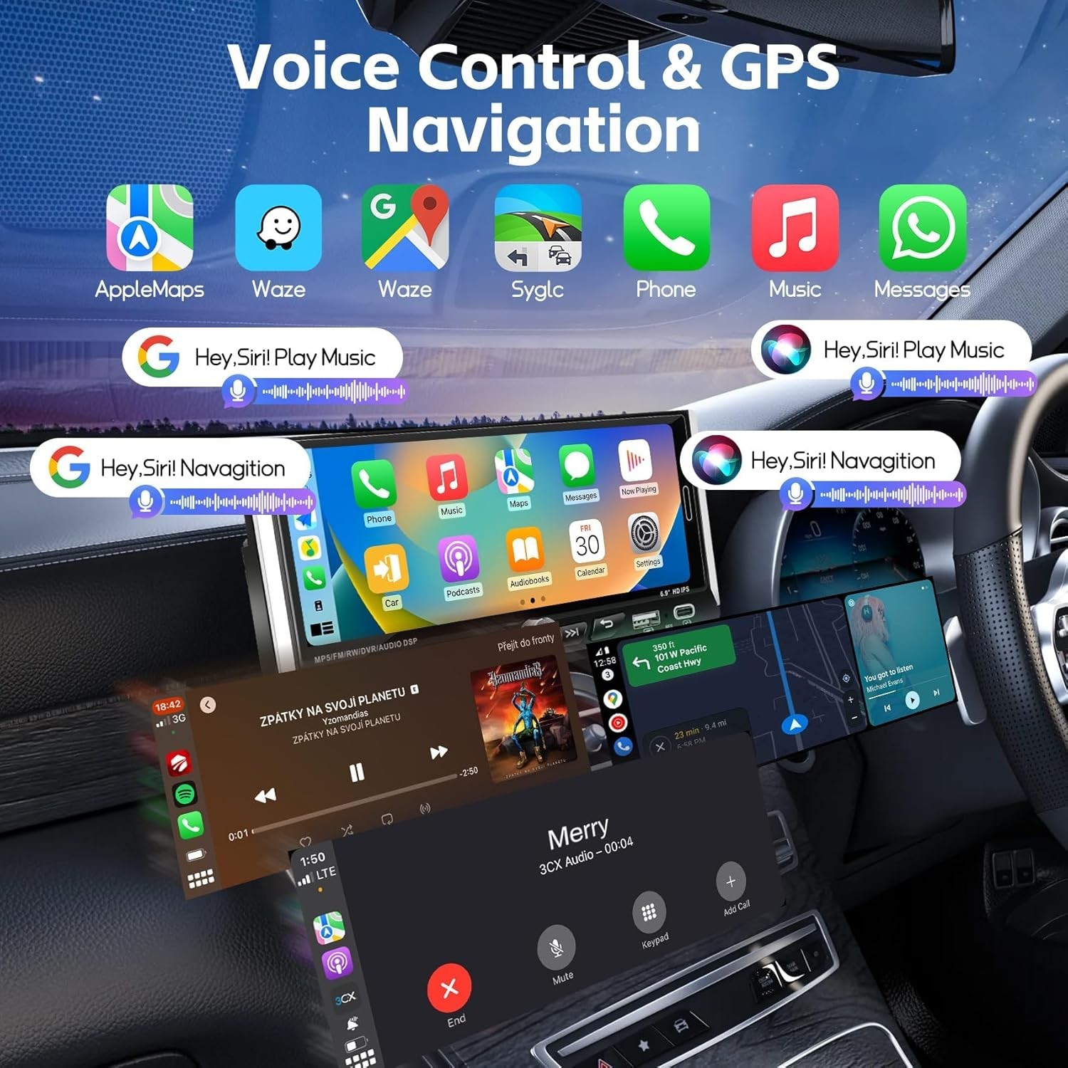 Power Acoustic Single DIN 6.9″ Touchscreen Car Stereo Apple Carplay