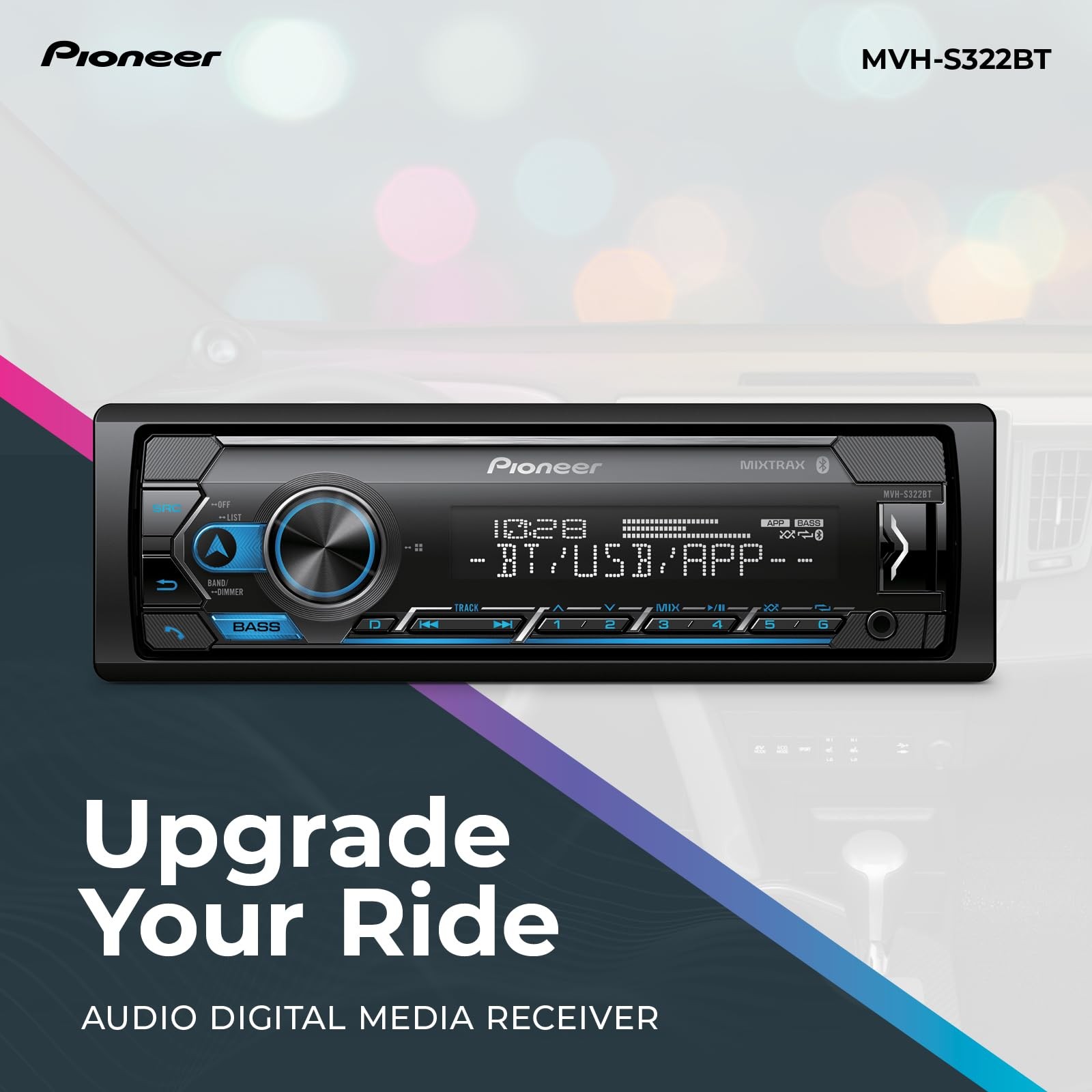 MVH-S322BT 1-Din Digital Media Receiver – Bluetooth, USB, Color Change, FLAC,…