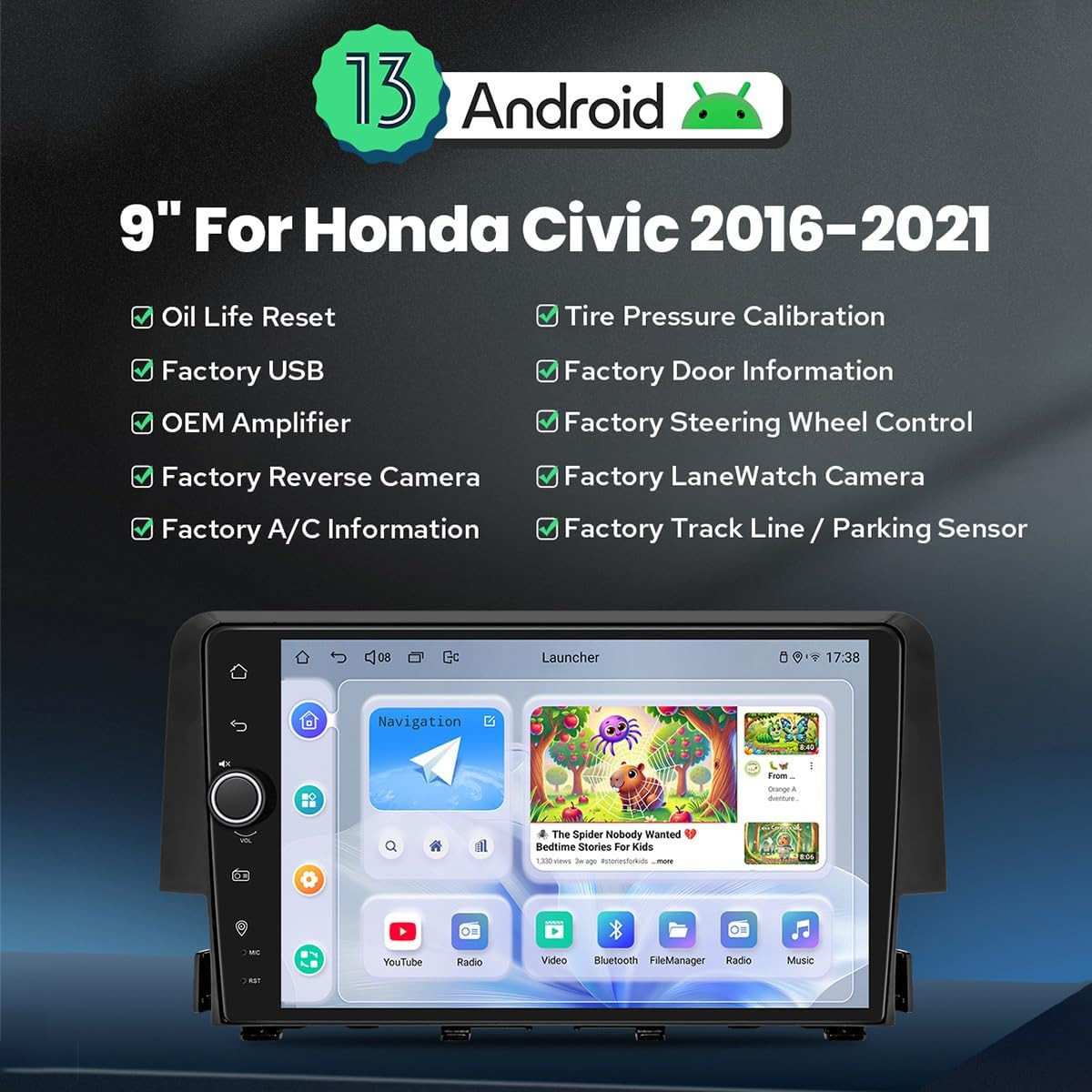 Car Radio for Honda Civic 2016-2021 Android 13 Car Stereo 9 Inch Head Unit with