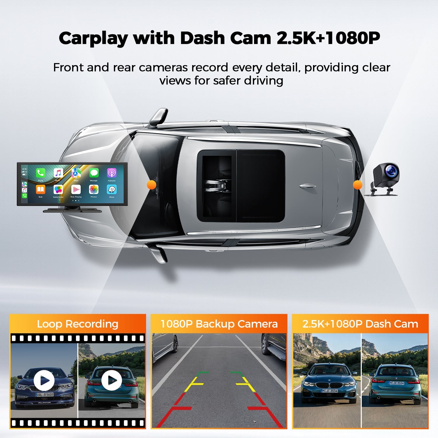 Lamtto 10.25″ 2.5K Dash Cam Car Stereo Radio Wireless CarPlay Android Auto+64GB