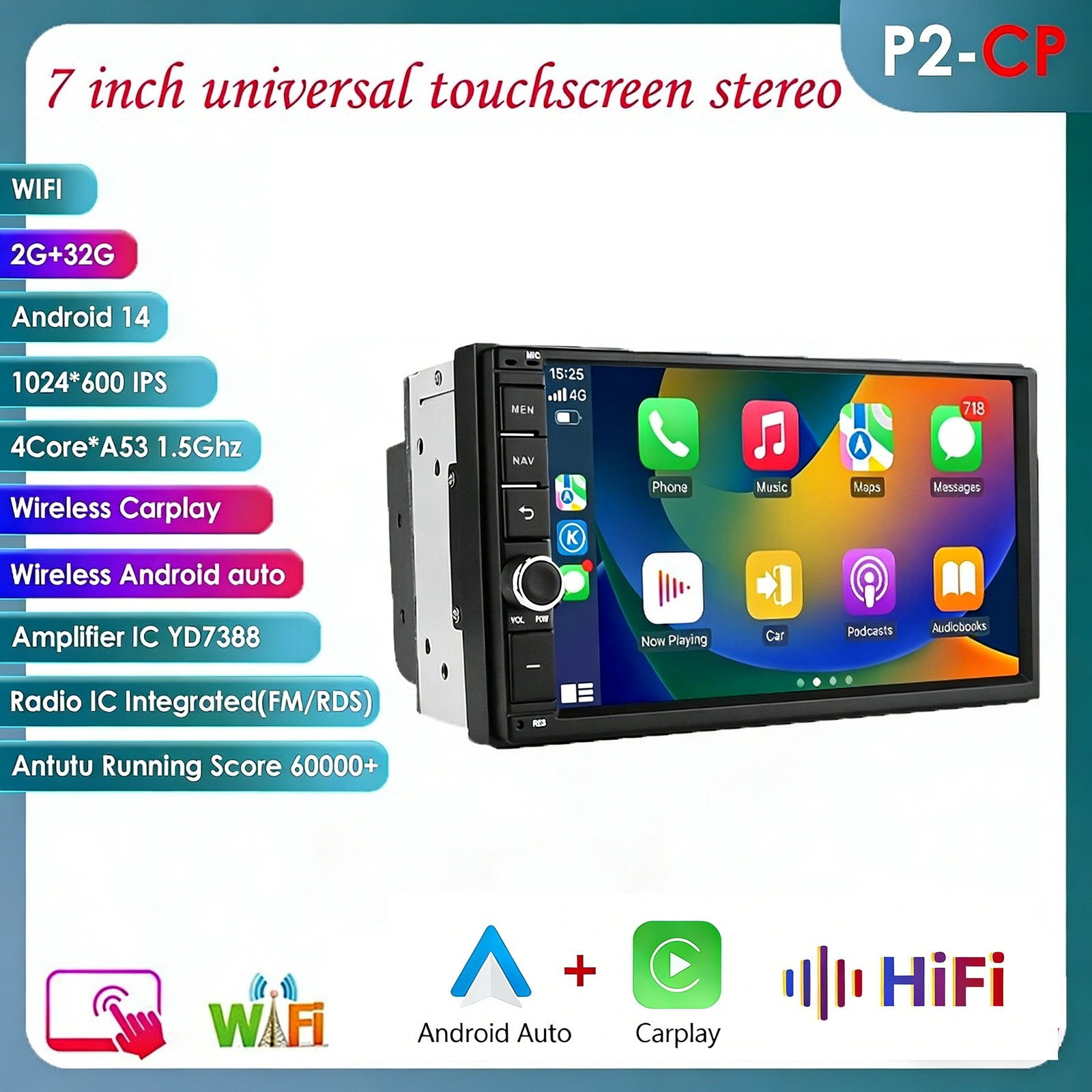 7 Inch Double DIN Car Stereo Apple CarPlay Android Auto GPS Radio Head Unit 32GB
