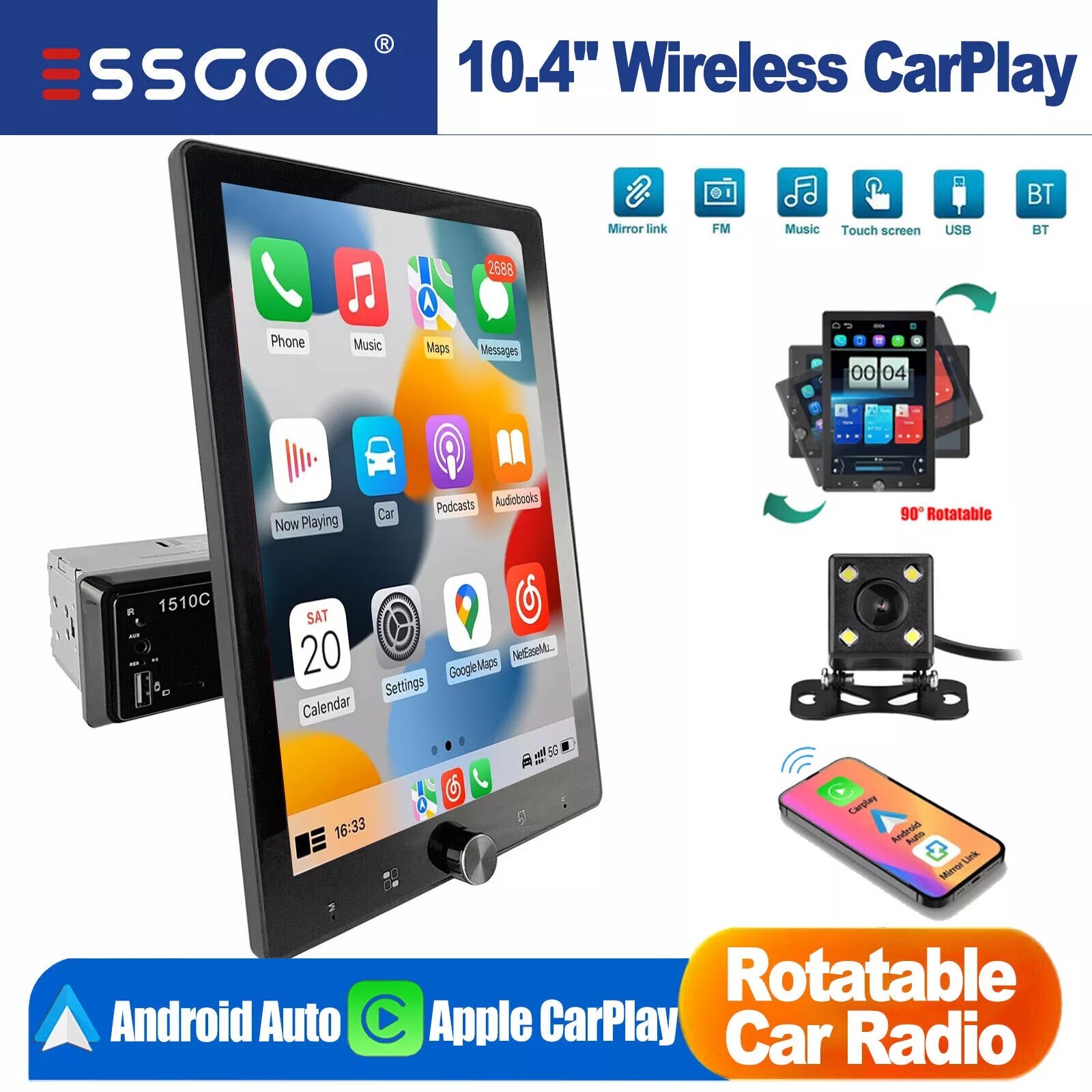 10.4″ Single Din Touch Screen Stereo Bluetooth Radio Apple/Android Carplay+CAM