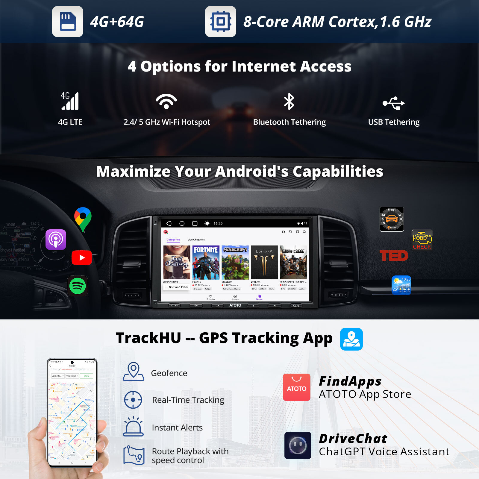 ATOTO A6PL 7″ 2DIN Android Car Stereo 4G+64G 4G-SIM ChatGPT AI Dash & Rear Cam
