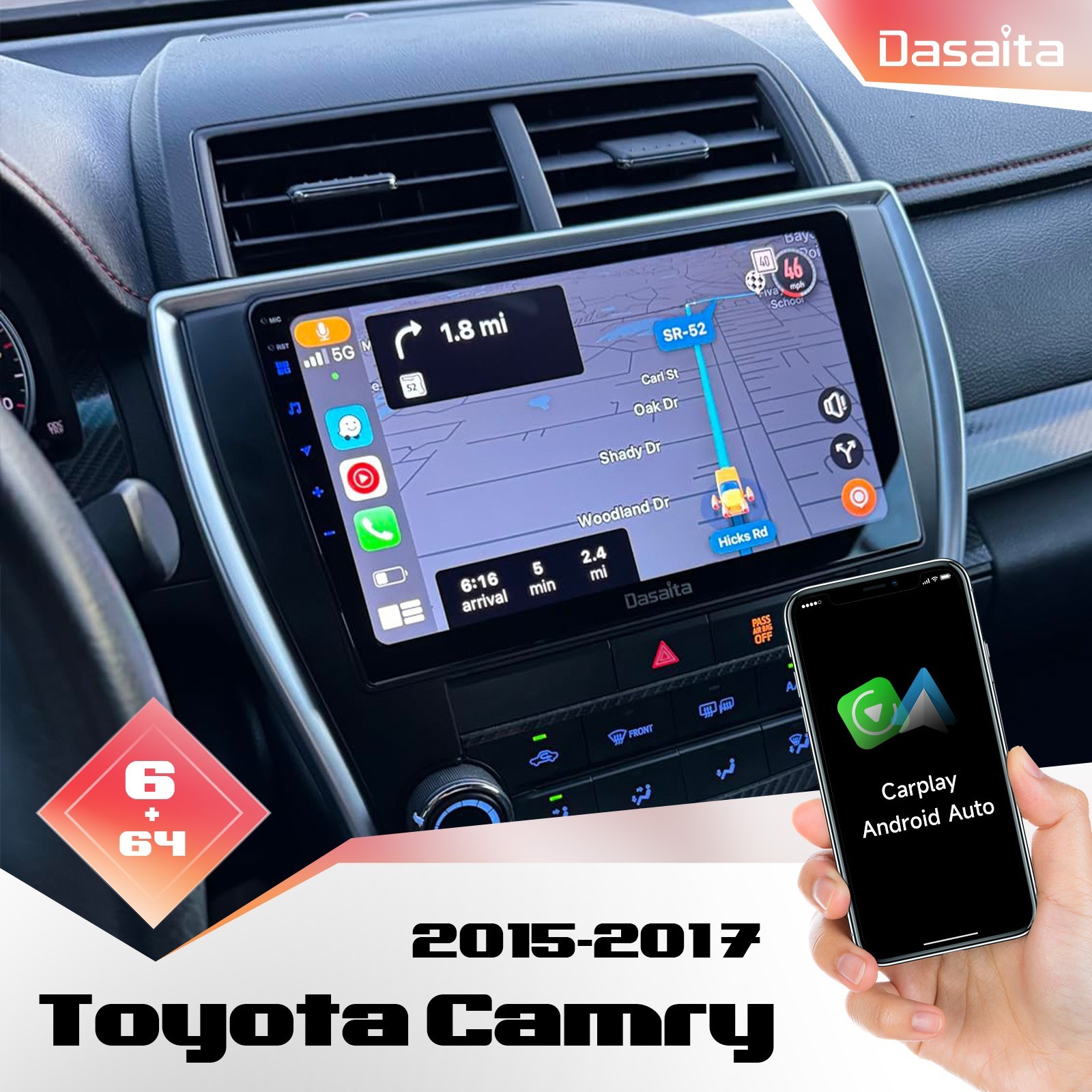 Dasaita 10.2” Car Stereo for Toyota Camry 2015-2017 Carplay/Android Auto Navi