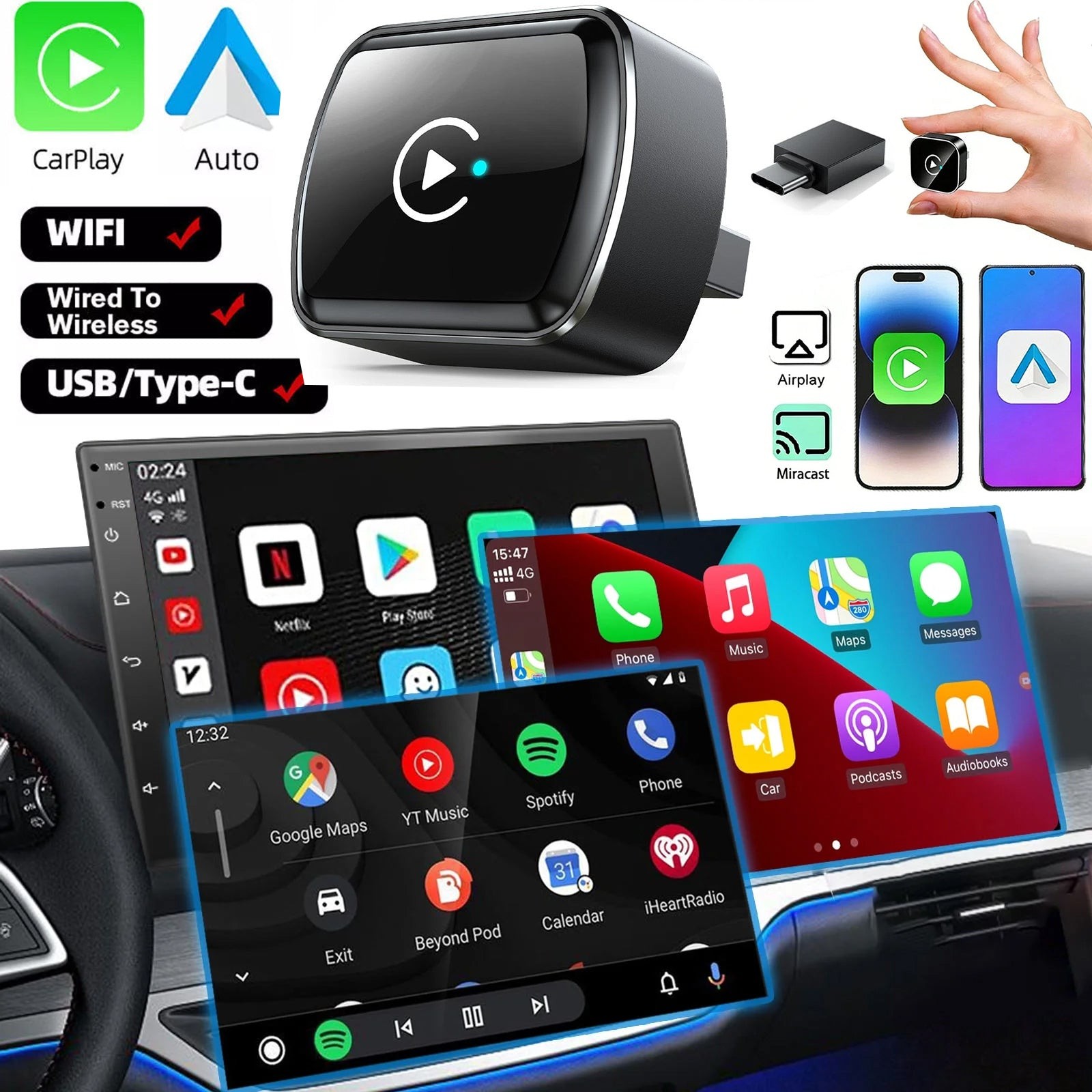 Wireless Carplay Android Auto Adapter USB Car Dongle Connect Box 4 in 1 Mini Box